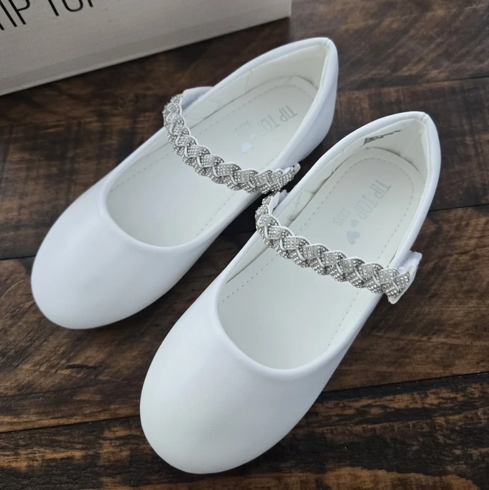 Tip Top Kids Girls MaryJane White Shoe with Rhinestone Strap. Style S170. Size 1